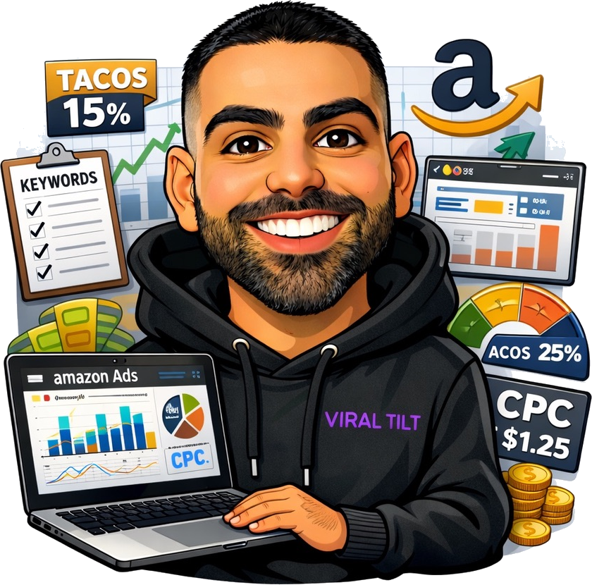 Ari Gharib, drawn at his laptop with the Amazon dashboards he lives in